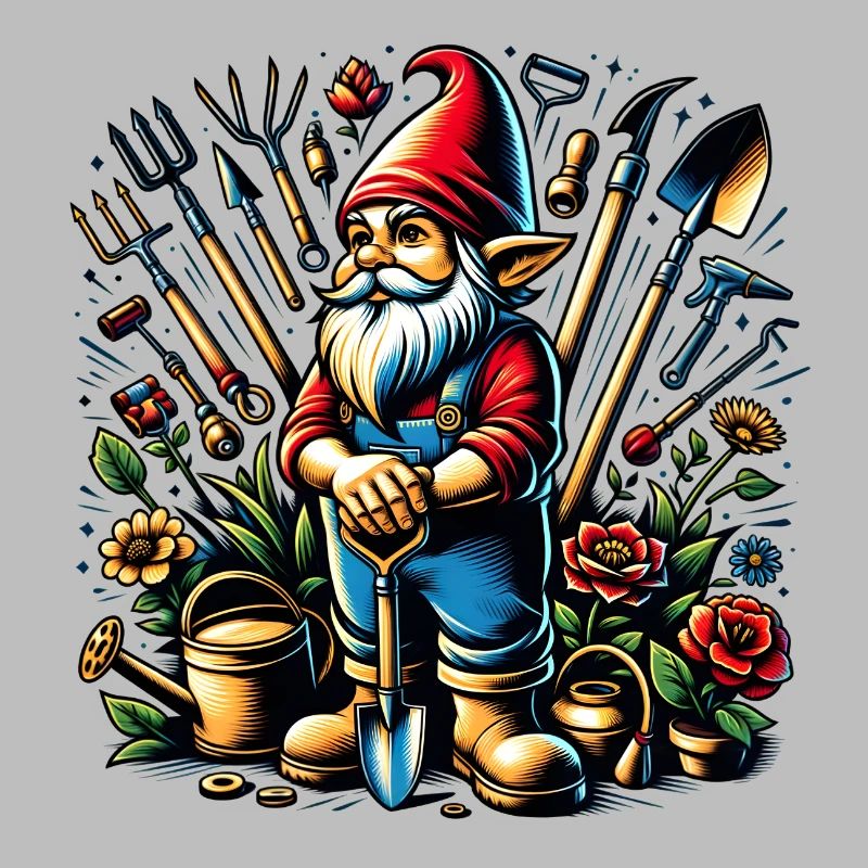 Bunter,lebendiger Gartenzwerg umgeben von Werkzeug