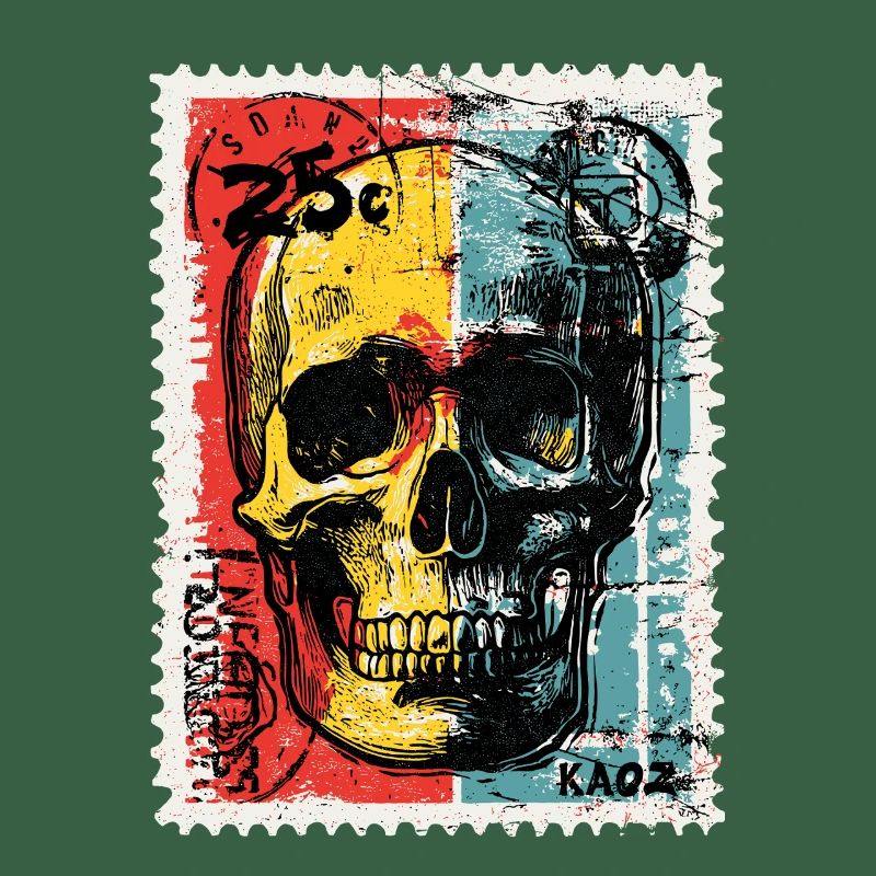 Crâne sur timbre-poste rétro coloré