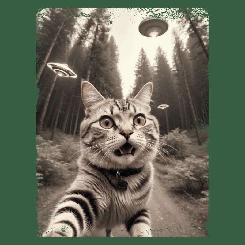 Selfie de chats avec la conception d’un vaisseau spatial extraterrestre