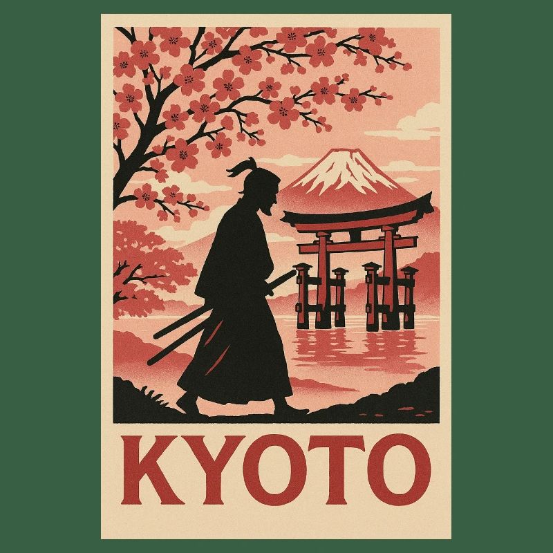 Kyoto Samurai and Cherry Blossoms Silhouette