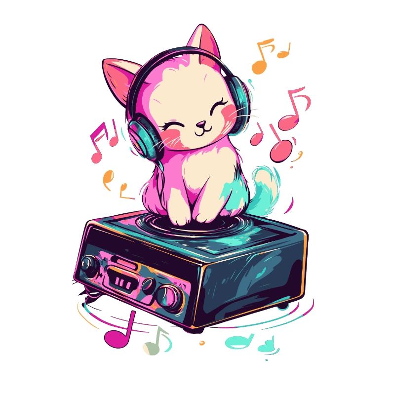 Chat mignon avec des écouteurs écoutant de la musique