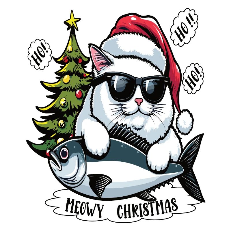 Fette Katze mit Sonnenbrille und Thunfisch als Weihnachtsmann