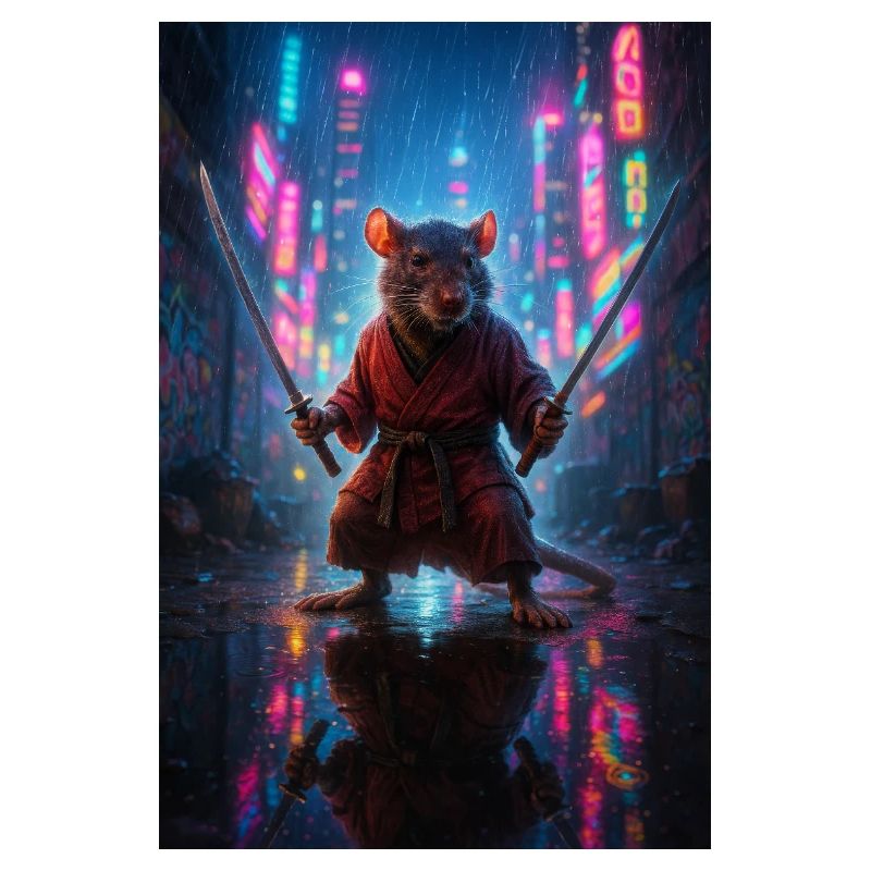 Ratten-Ninja mit Katanas in einer Neon-Stadtlandschaft