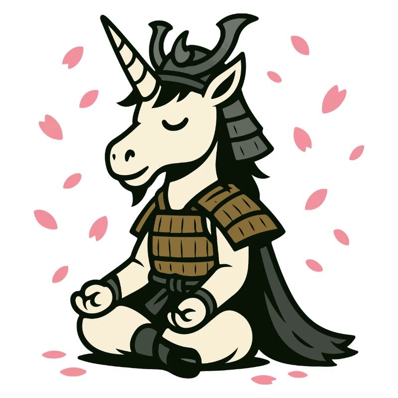 Meditierendes Samurai-Einhorn mit Kirschblüten