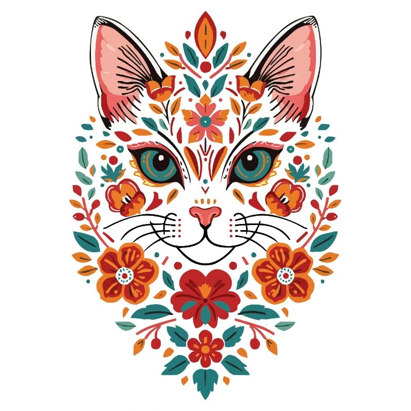 Flower Cat Head Folk Art Pattern