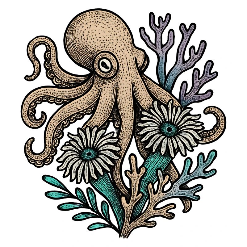 Pieuvre sous-marine avec des fleurs