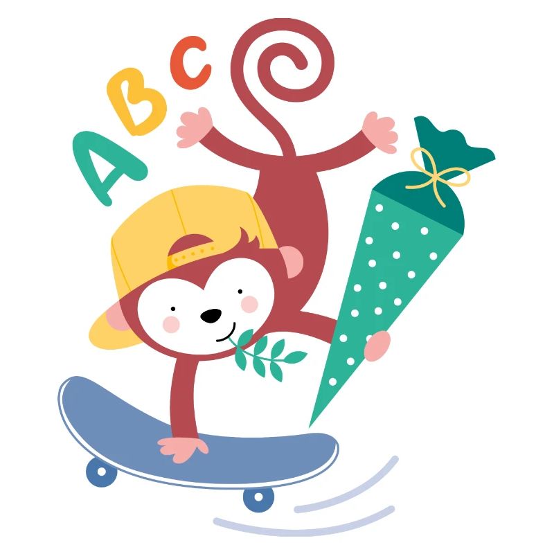 Singe sur planche à roulettes avec cône d’écolier