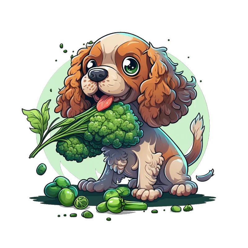 Cute dog Cocker Spaniel eats broccoli vegetables