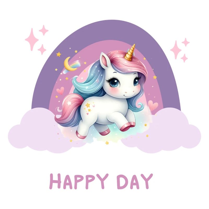 Glücklicher Tag mit einem fliegenden Einhorn im Regenbogen