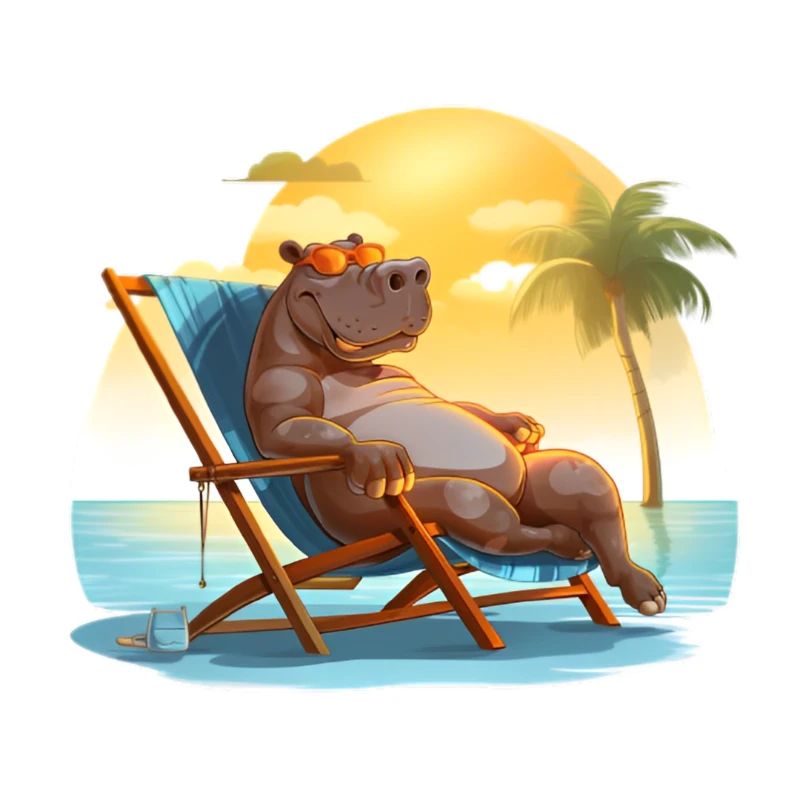 sunbathing hippo on the beach in a deck chair