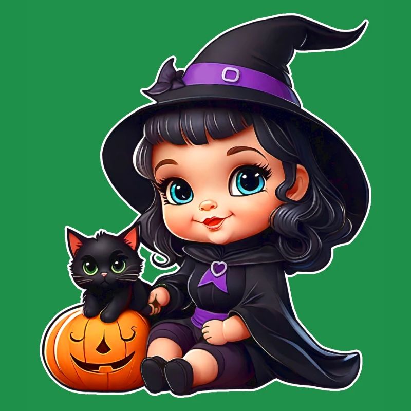 Sorcière mignonne avec chat noir et citrouille