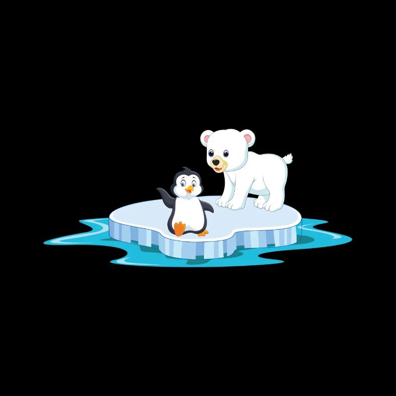 cute polar bear and penguin on ice floe ice