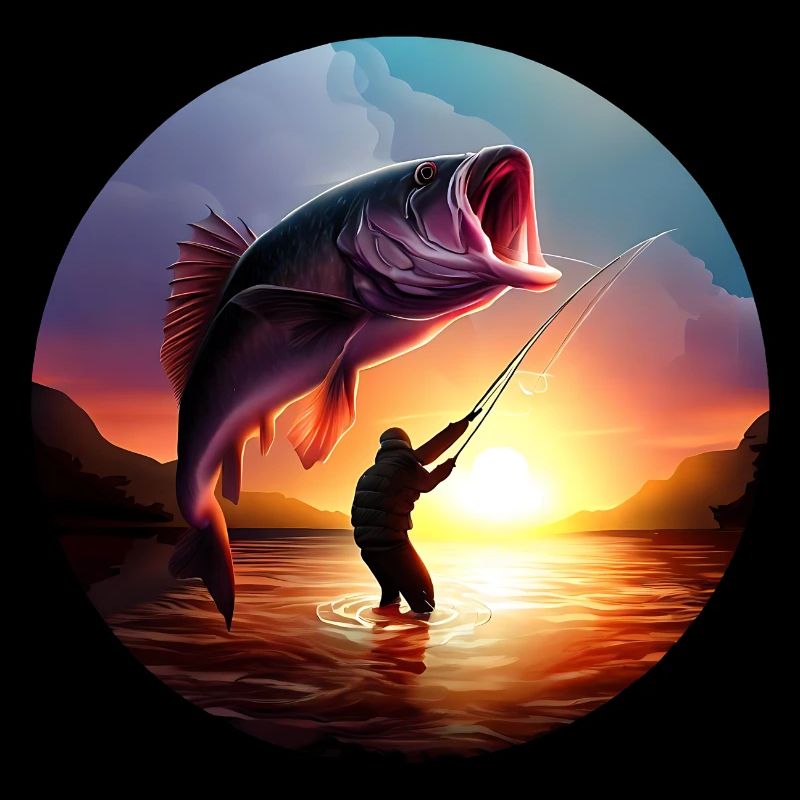Pêcheur avec coucher de soleil de poisson géant