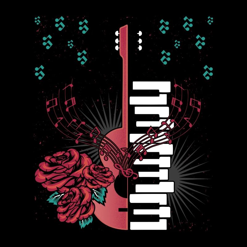 Guitar Musical Notes Piano Keys Red Roses Flower