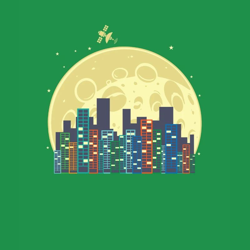 Skyline devant la lune et la ville de construction satellite