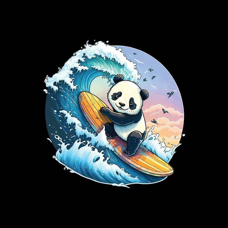 Panda bear surfing on the big wave