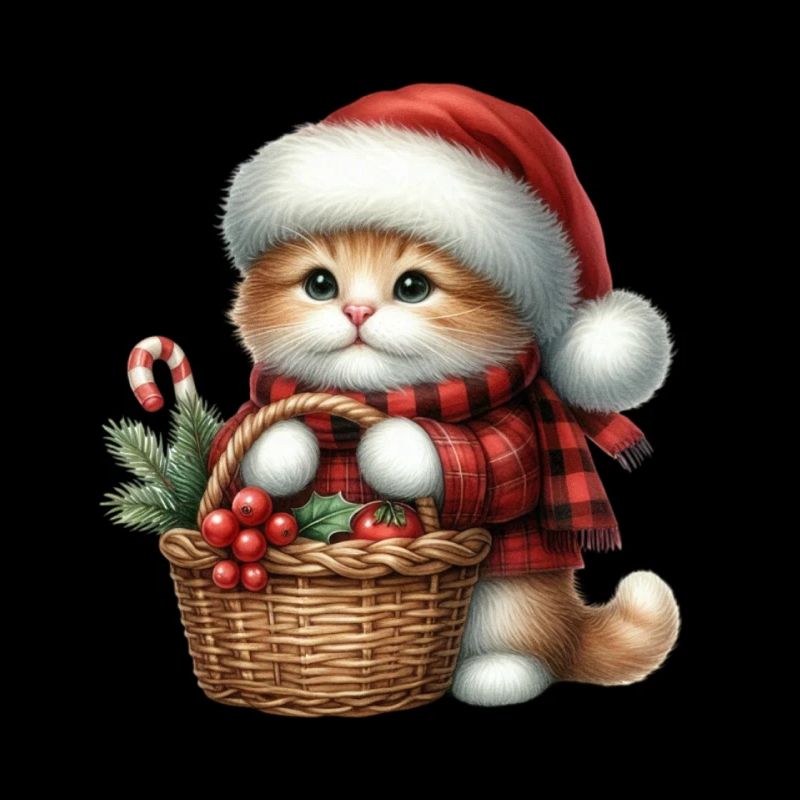 Chat de Noël avec panier et chapeau