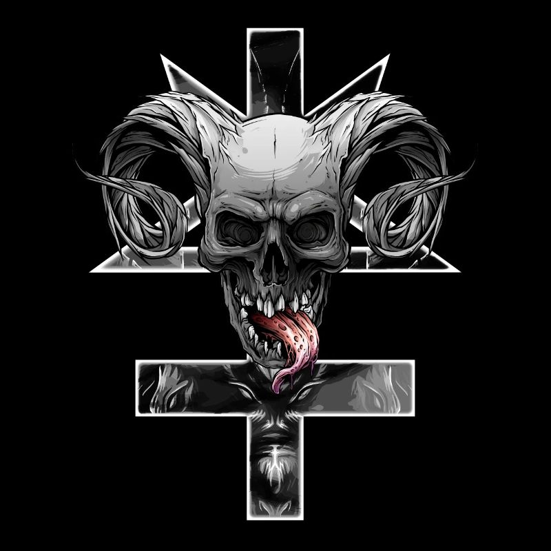 Inverted cross with pentagram and skull