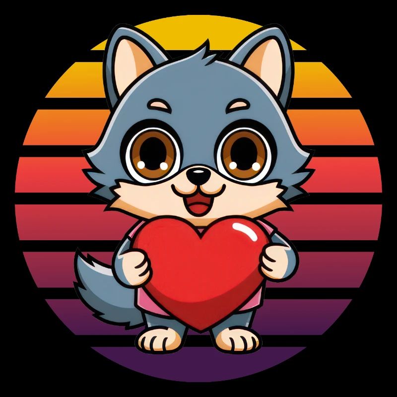 Blue Fox with Heart - Retro Vintage Sunset