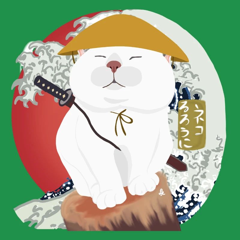 Chat samouraï assis sur le bois