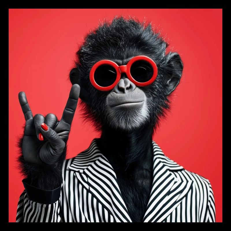 Monkey in red sunglasses making rock gesture