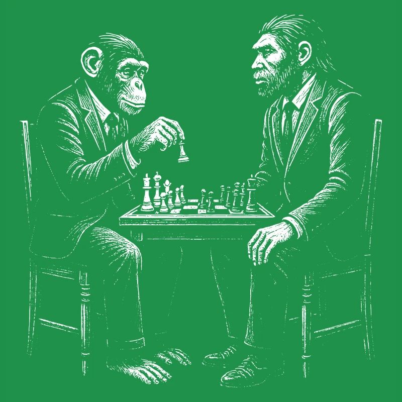 Affe spielt Schach mit Homo Erectus. Lustiges Design