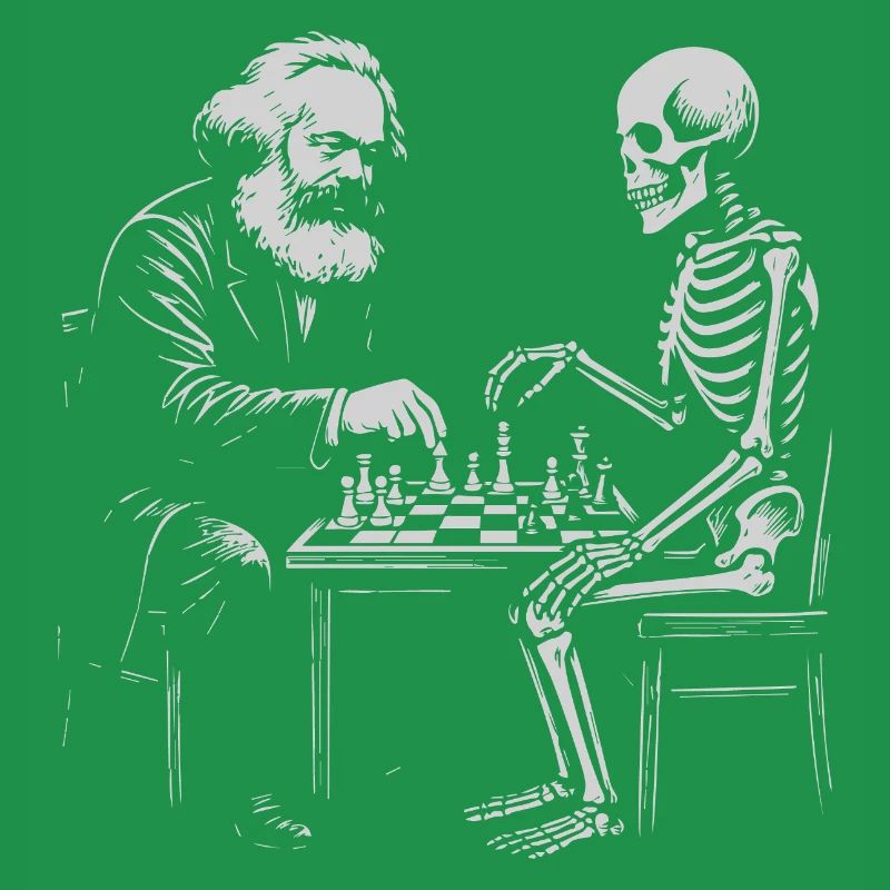 Karl Marx plays chess with skeleton