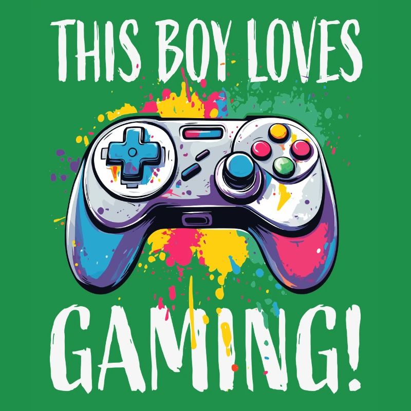 Junge liebt Gaming – bunte Controller-Splash