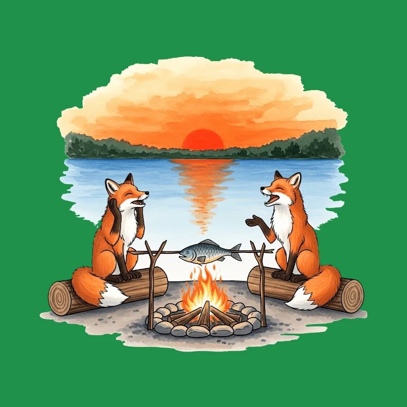 Feu de camp Fox au coucher du soleil au bord du lac