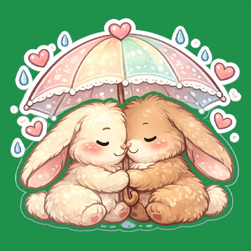 Cuddly rain rabbits under umbrella