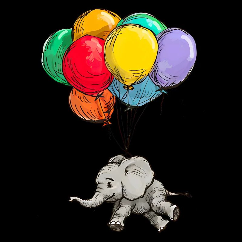 Elefant schwebt mit Bunten Luftballons