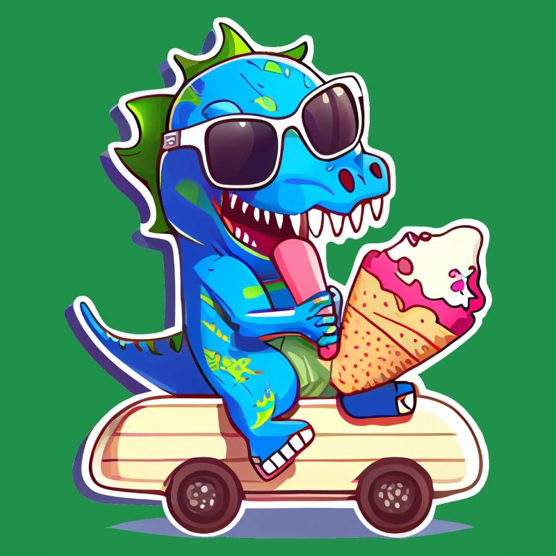 Dino Dinosaurier auf Skateboard der Eiscreme isst