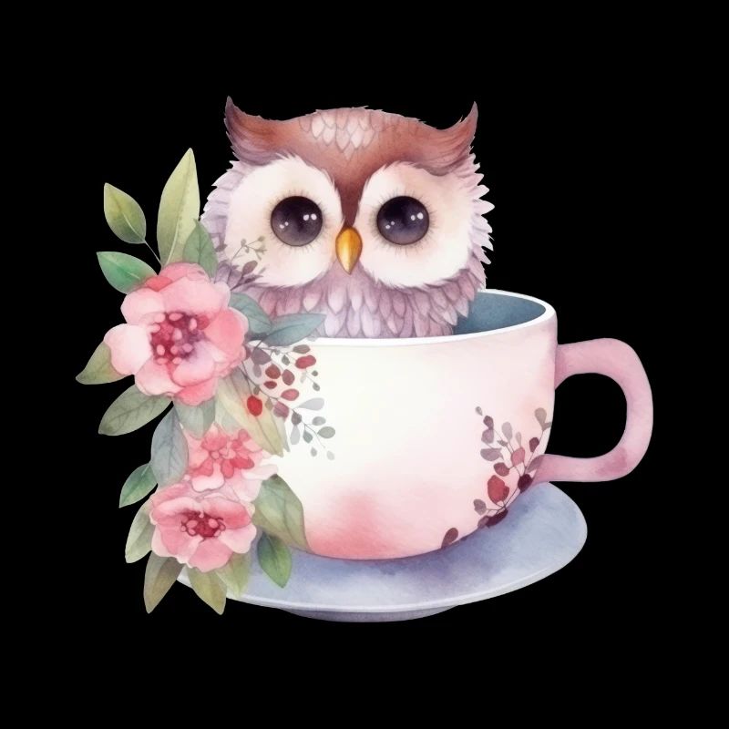 Niedliche rosa Eule mit Blumen in einer Tasse