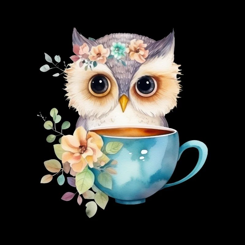 Niedliche Eule mit Kaffee und Blumen
