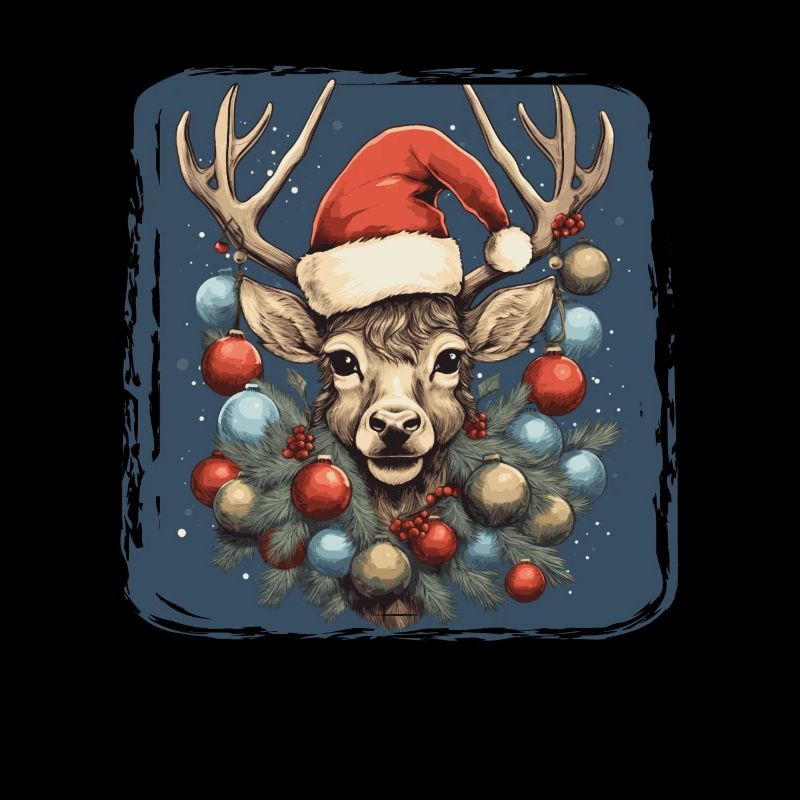Rentier mit Weihnachtskugeln und Mütze