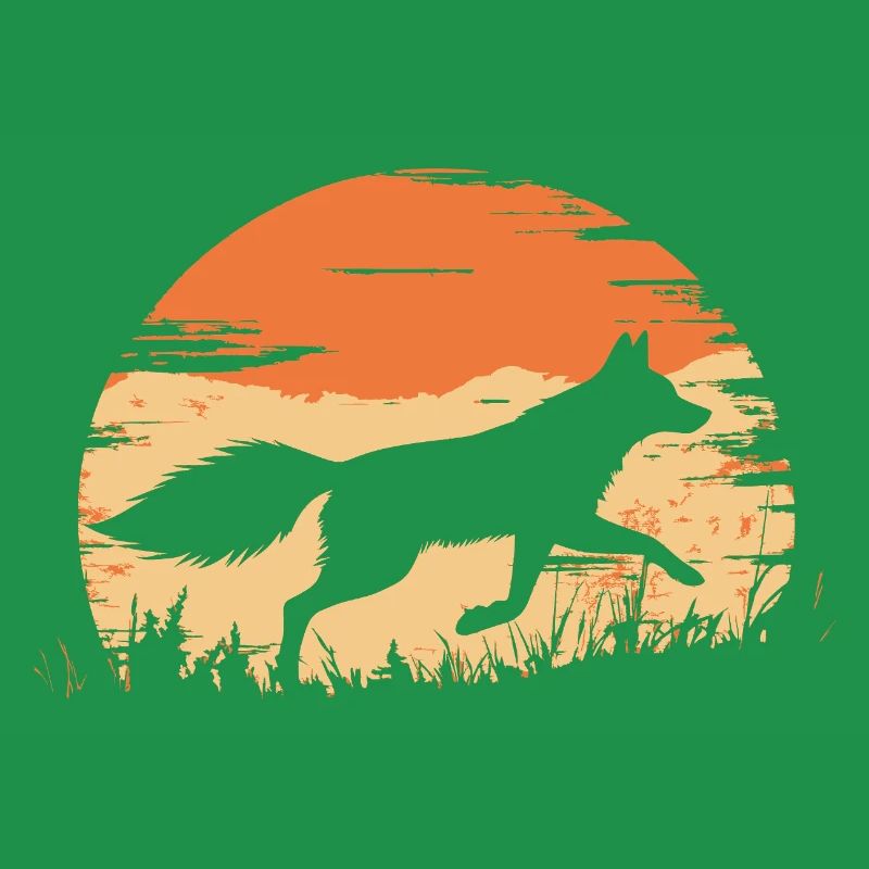 Silhouette de renard courant devant un soleil