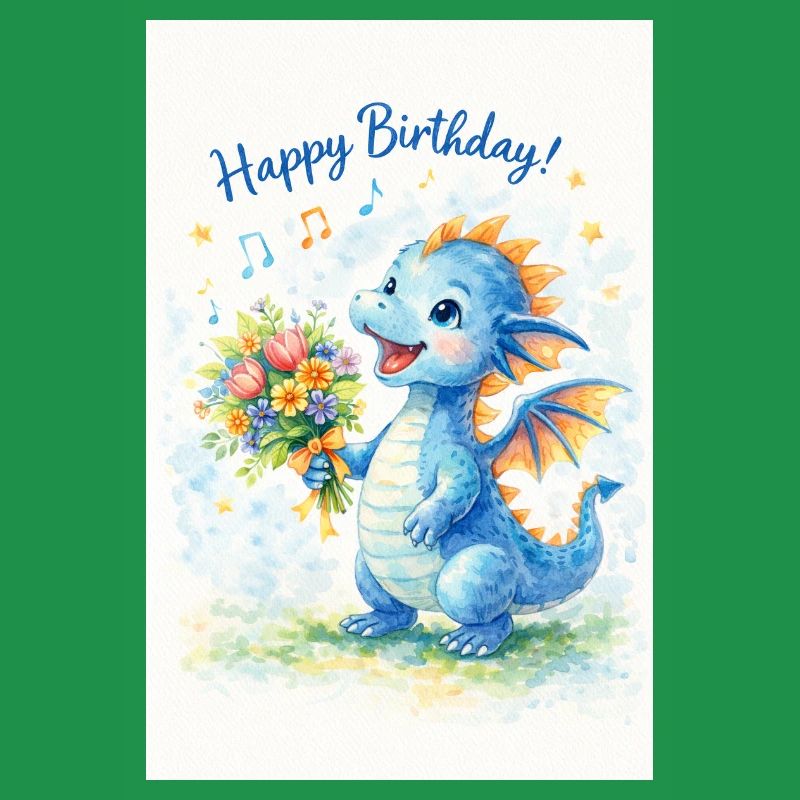 Blauer Drache mit Blumenstrauß