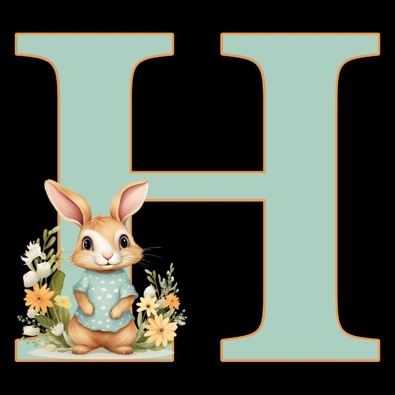 Letter H, Monogram, Flowers, Bunny