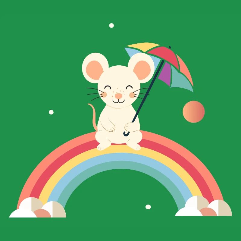Cheerful mouse with umbrella on rainbow