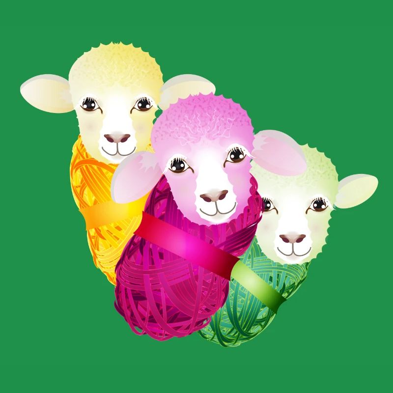 three colourful sheep with colour-coordinated wool