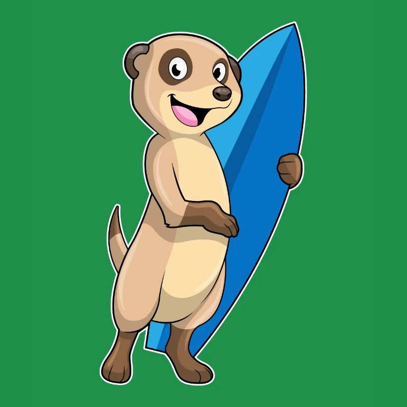 Erdmännchen als Surfer mit Surfbrett