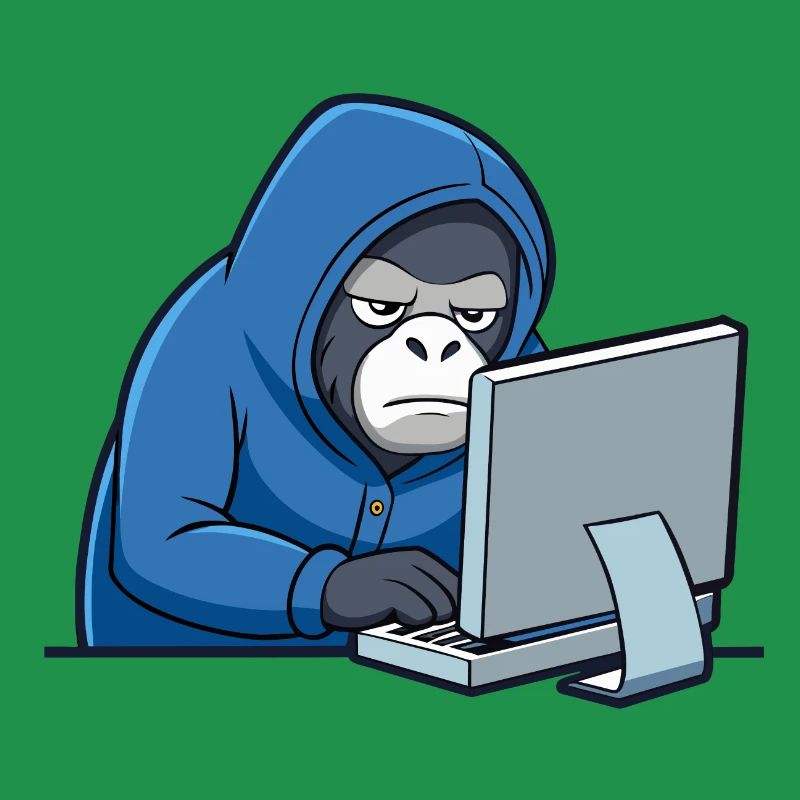 Mignon gorille hacker en sweat à capuche devant le PC