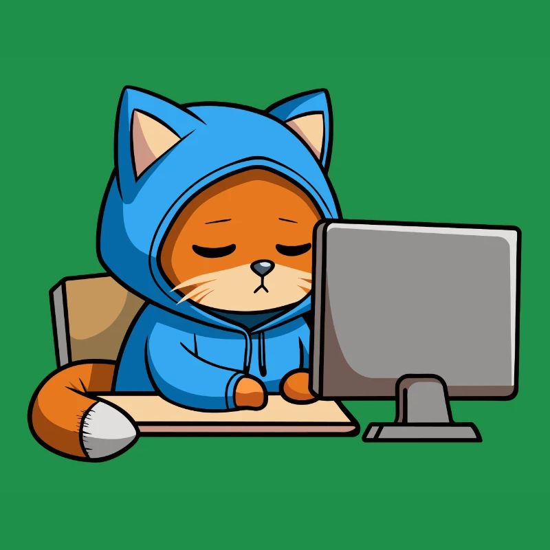 Un chat hacker mignon dort dans un sweat à capuche devant le PC