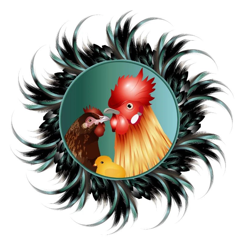 Rooster with hen and chicks in feather frame