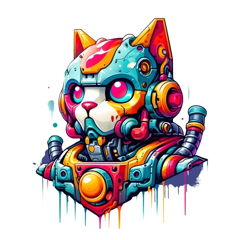 Chat conçu comme un robot dans le style graffiti de la bande dessinée