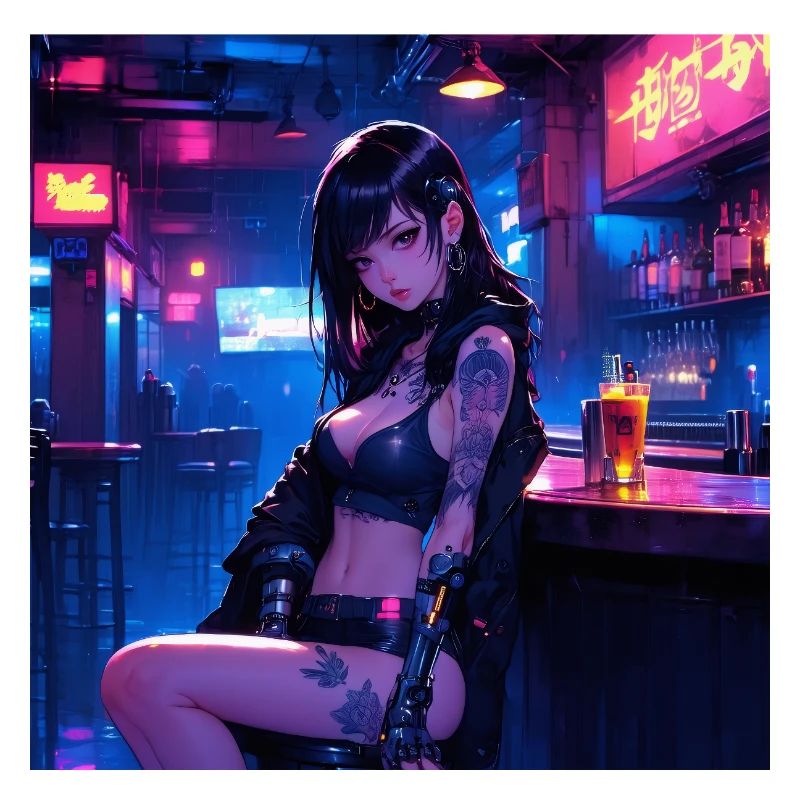 N-dless Nights: Anime-Cyberpunk-Mädchen in einer dunklen Bar