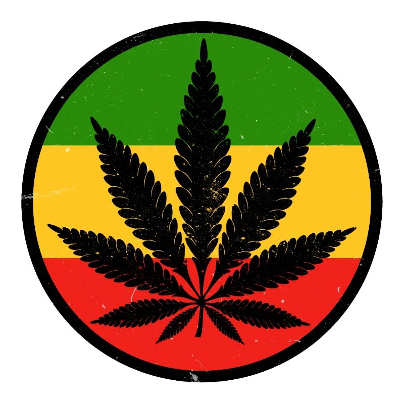 A cannabis leaf within a red yellow green circle