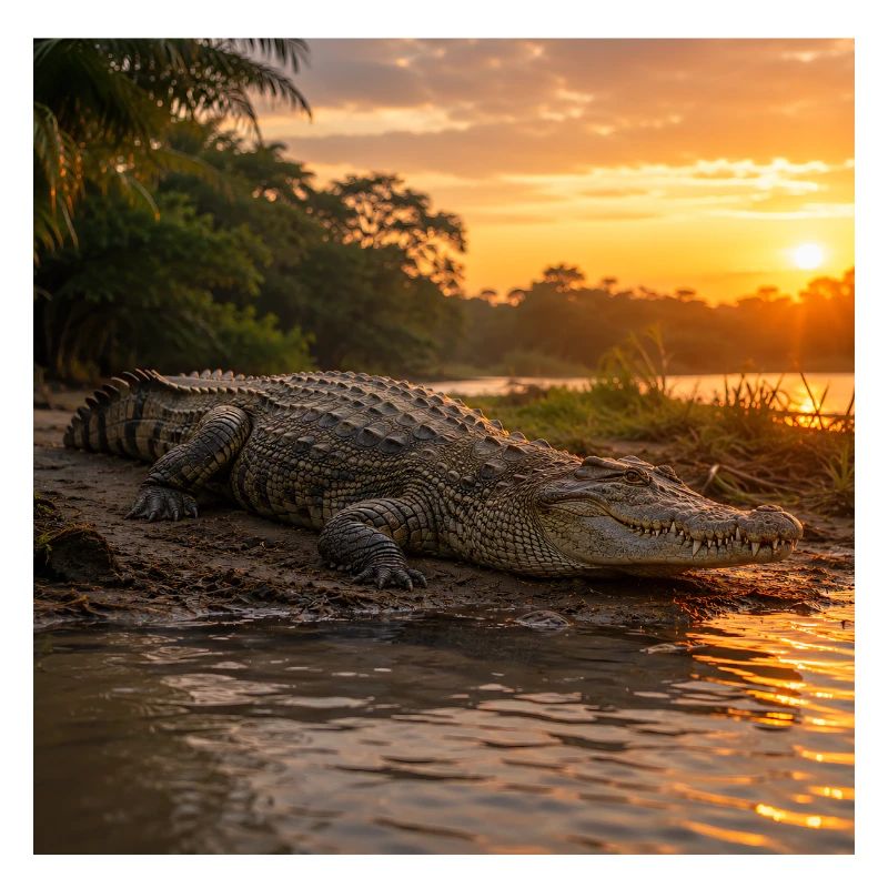 Sunset and crocodile by the river