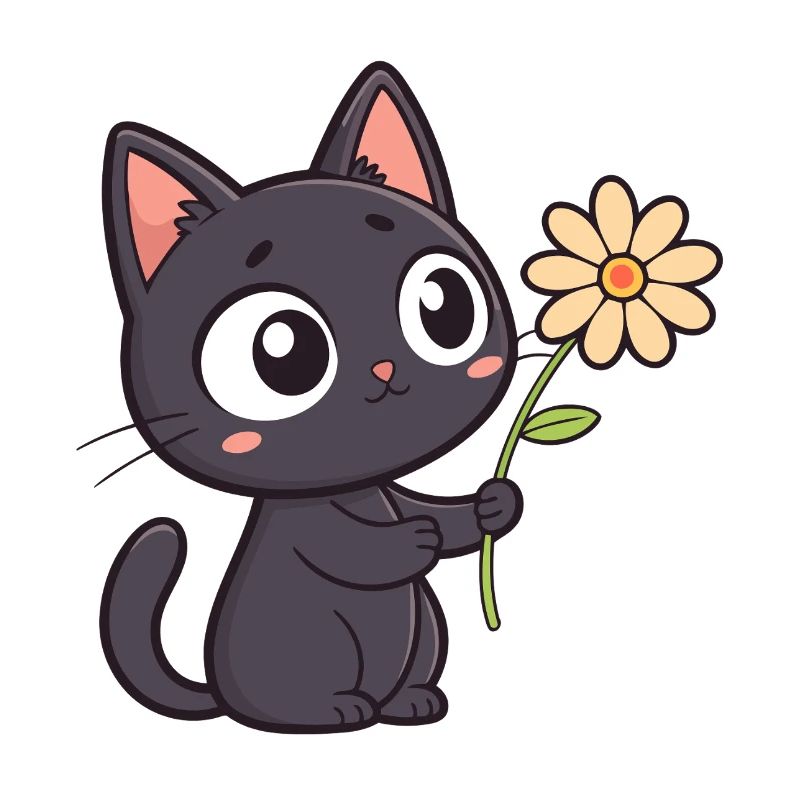 Kawaii Schwarze Katze und Gänseblümchen