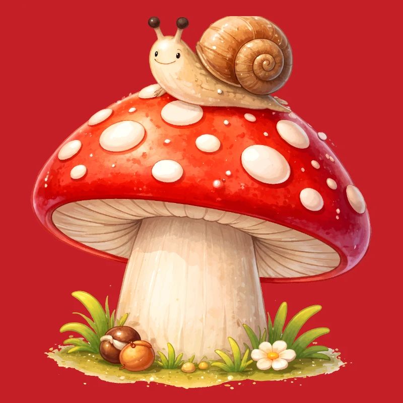Toadstool with Snail Cute Forest Motif